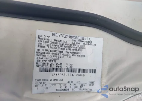 2003 Ford Taurus Se from USA, damaged, VIN 1FAFP53U33A234848